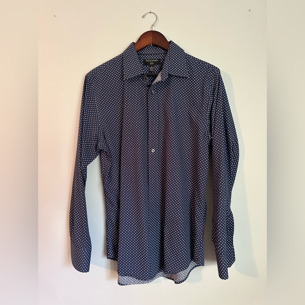 Banana Republic Navy with White Dots Dress Shirt, Medium, Non-Iron, Slim Fit